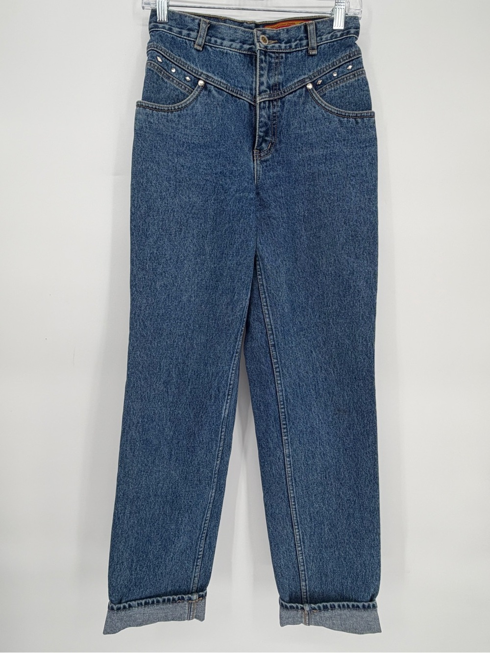 Vintage Lawman Western Straight-Leg Jeans in Dark Blue with Stud Trim SZ 7